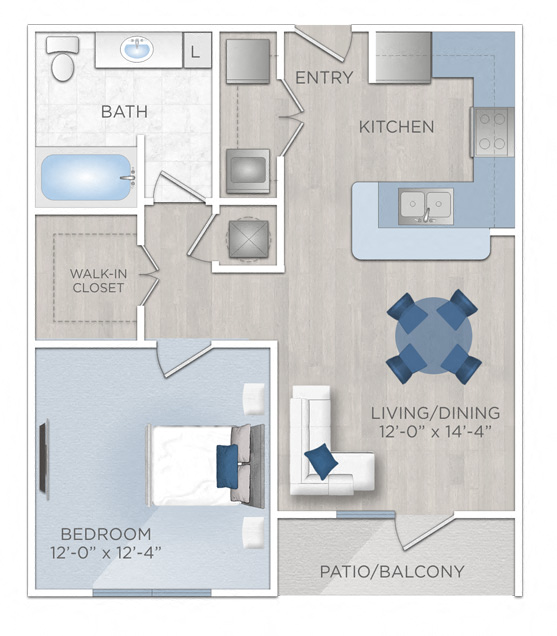 Floor plan for 1 bed, 1 bath, 676 sqft